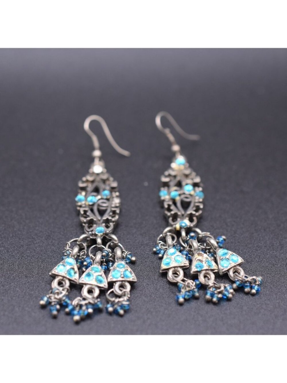 Vintage Silver Filigree Dangle Earrings With Blue Rhinestones & Beaded Accents 3